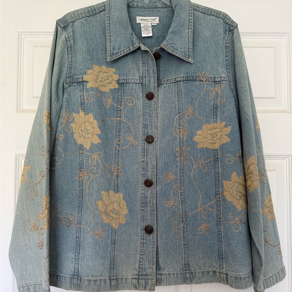 Coldwater Creek Women's Denim Jacket with Gold Floral Embroidery